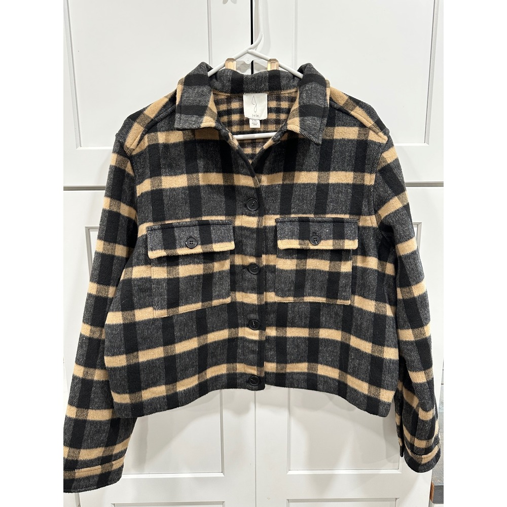 Joie Women's Plaid Flannel Shirt Jacket L/G Black Tan Checkered Shacket